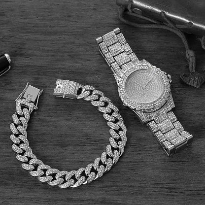 Watch + Bracelet for Women Cuban Chain Charm Bracelet Iced Out Watch