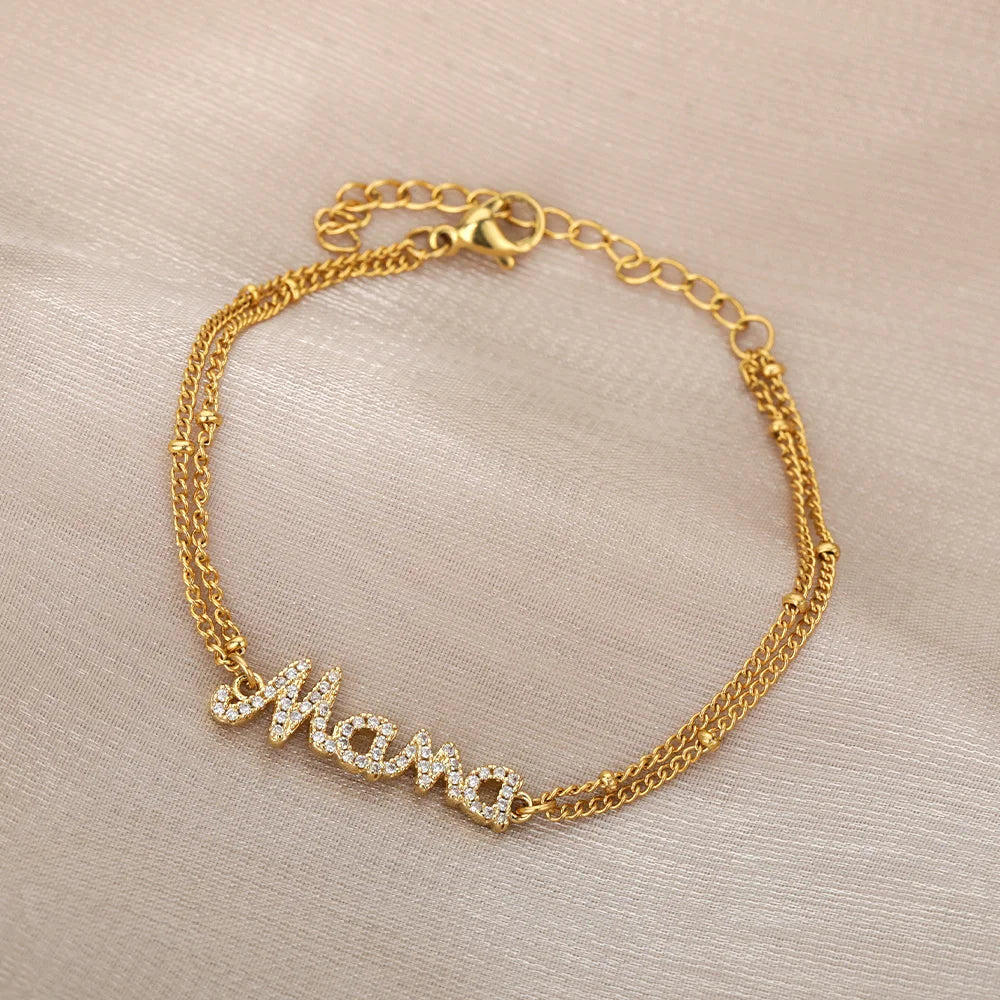 Zircon Letter Mama Bracelets For Women Stainless Steel Double Bead Link Chain Family Love Bracelet Femme Mother Jewelry Gift