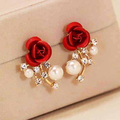 New Fashion Jewelry Red Rose Drop Earrings Women Vintage Rhinestone Flowers Dangle Earring Weddings Engagement Party Jewelry