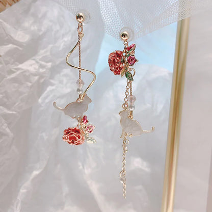 New Fashion Jewelry Red Rose Drop Earrings Women Vintage Rhinestone Flowers Dangle Earring Weddings Engagement Party Jewelry