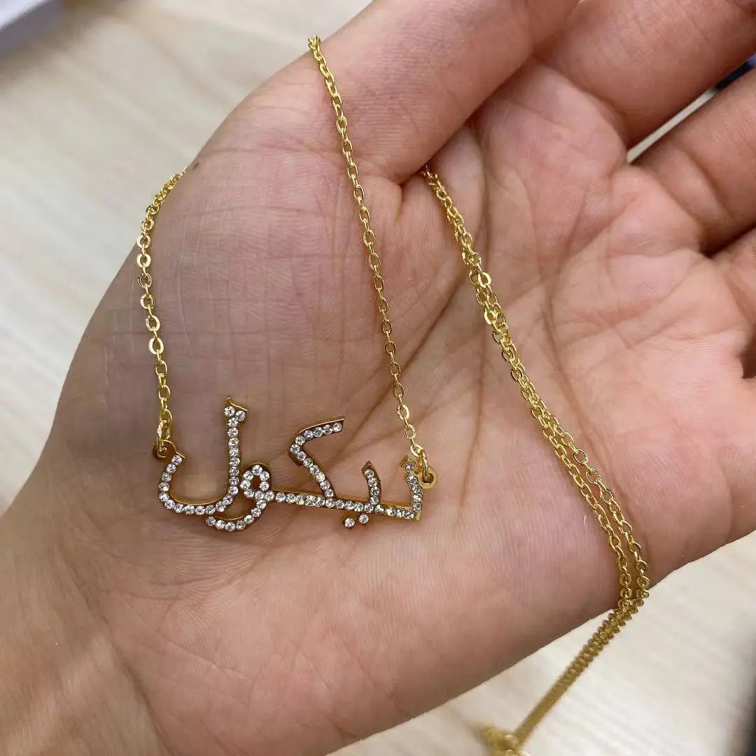 Custom Arabic Name Necklace Personalized Stainless Steel Crystal Arabic Pendant Iced Out Names Jewelry For Women Birthday Gift