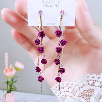 New Fashion Jewelry Red Rose Drop Earrings Women Vintage Rhinestone Flowers Dangle Earring Weddings Engagement Party Jewelry