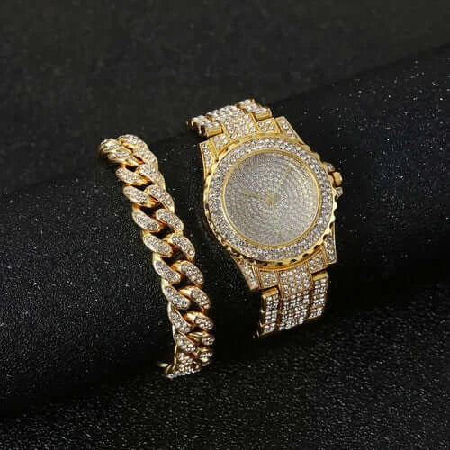 Watch + Bracelet for Women Cuban Chain Charm Bracelet Iced Out Watch