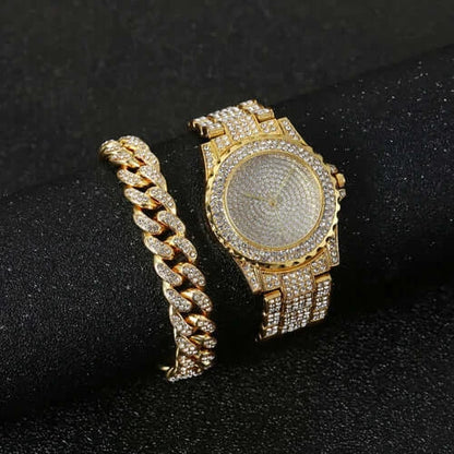 Watch + Bracelet for Women Cuban Chain Charm Bracelet Iced Out Watch