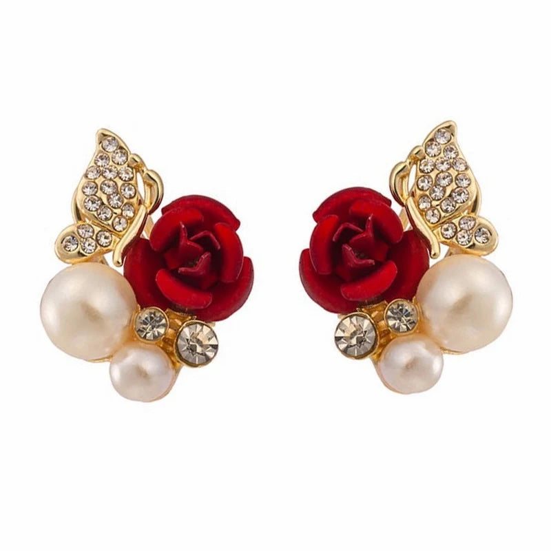 New Fashion Jewelry Red Rose Drop Earrings Women Vintage Rhinestone Flowers Dangle Earring Weddings Engagement Party Jewelry