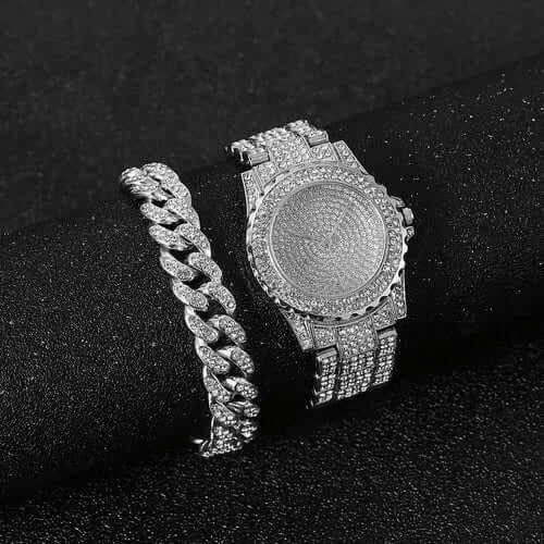 Watch + Bracelet for Women Cuban Chain Charm Bracelet Iced Out Watch