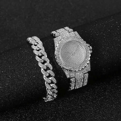 Watch + Bracelet for Women Cuban Chain Charm Bracelet Iced Out Watch