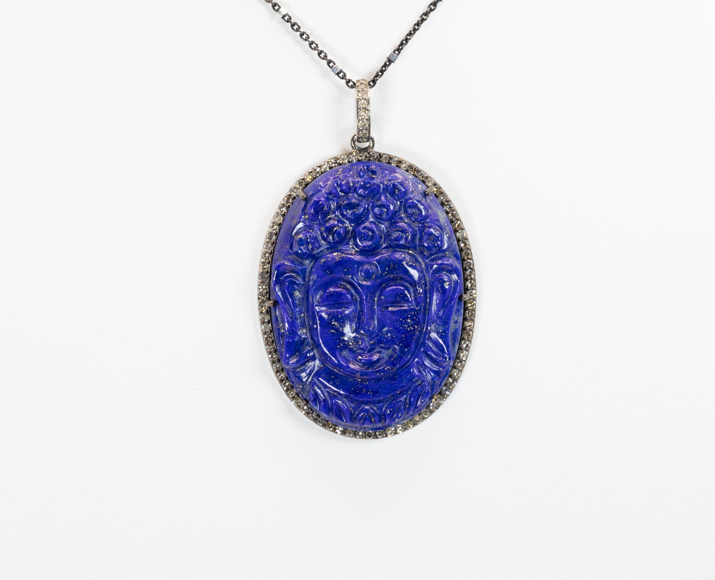 Carved Lapis Buddha Pendant with Diamonds