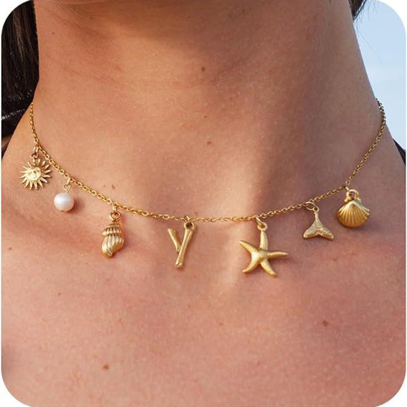 26 Bamboo Letter Necklace Starfish Shell Conch