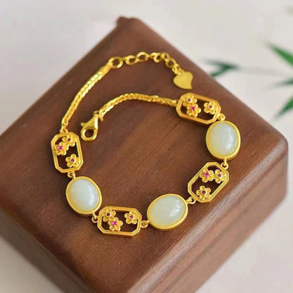 Natural Jasper Egg Noodle Bracelet S925 Sterling Silver Gold Plated Plum Hollow Out