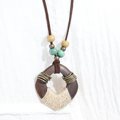Wooden Beads Retro Artistic Wax Rope Necklace