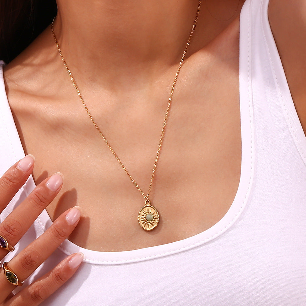 Stainless Steel 18K Gold Plating Oval Sun Natural Stone Pendant Necklace