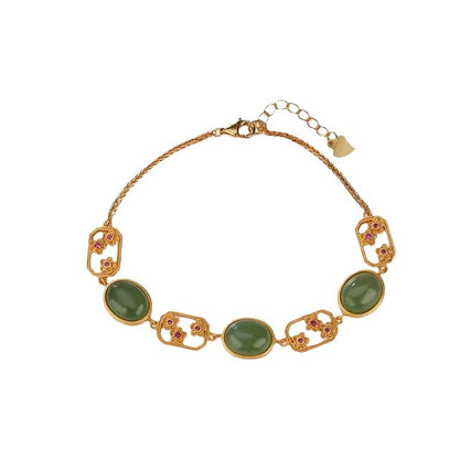 Natural Jasper Egg Noodle Bracelet S925 Sterling Silver Gold Plated Plum Hollow Out