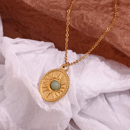 Stainless Steel 18K Gold Plating Oval Sun Natural Stone Pendant Necklace