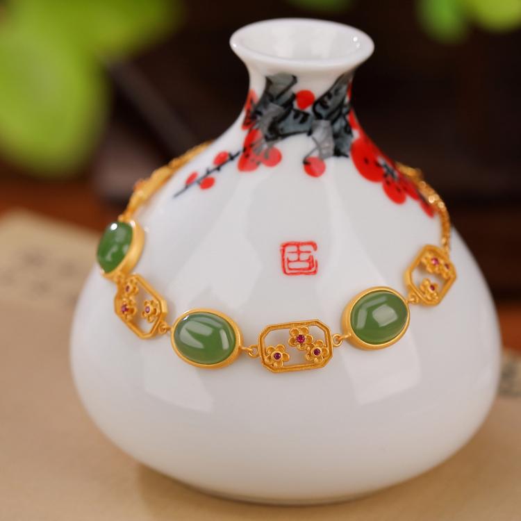 Natural Jasper Egg Noodle Bracelet S925 Sterling Silver Gold Plated Plum Hollow Out