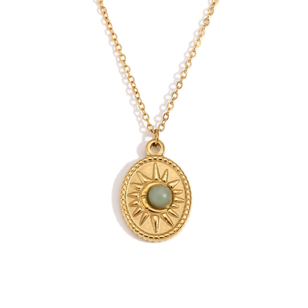 Stainless Steel 18K Gold Plating Oval Sun Natural Stone Pendant Necklace