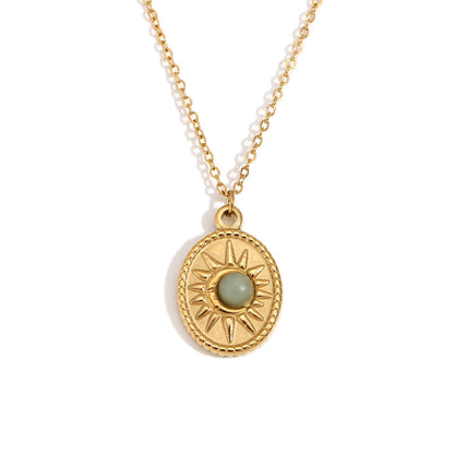 Stainless Steel 18K Gold Plating Oval Sun Natural Stone Pendant Necklace