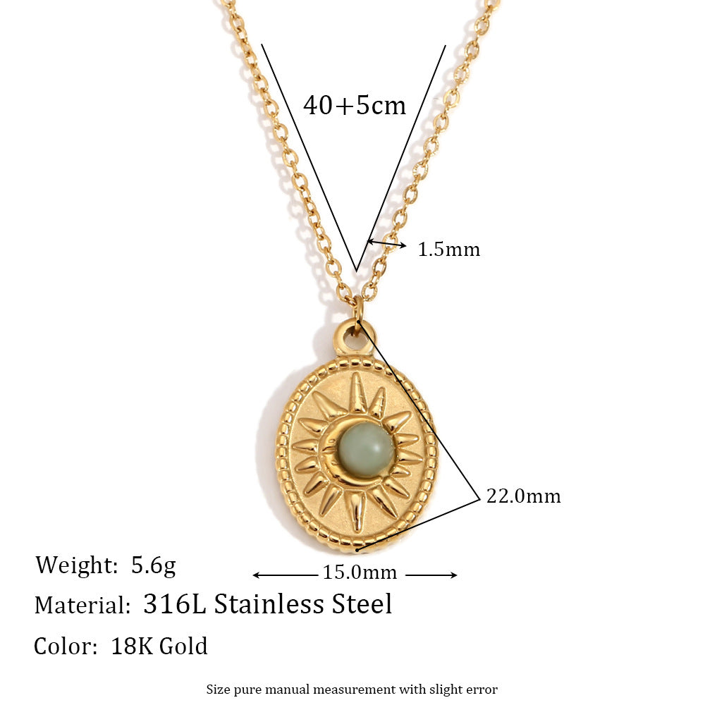 Stainless Steel 18K Gold Plating Oval Sun Natural Stone Pendant Necklace