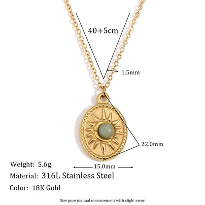 Stainless Steel 18K Gold Plating Oval Sun Natural Stone Pendant Necklace