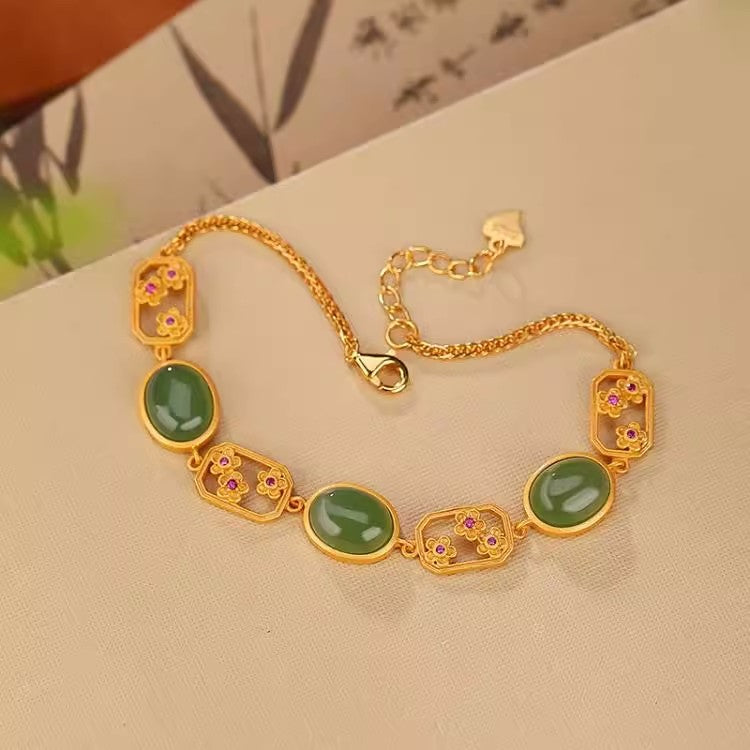 Natural Jasper Egg Noodle Bracelet S925 Sterling Silver Gold Plated Plum Hollow Out