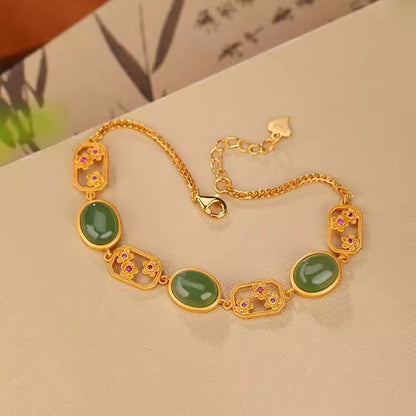 Natural Jasper Egg Noodle Bracelet S925 Sterling Silver Gold Plated Plum Hollow Out