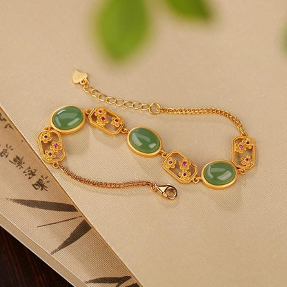 Natural Jasper Egg Noodle Bracelet S925 Sterling Silver Gold Plated Plum Hollow Out