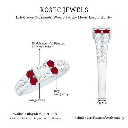 Lab Grown Diamond 5 MM Princess Cut Engagement Ring With Ruby