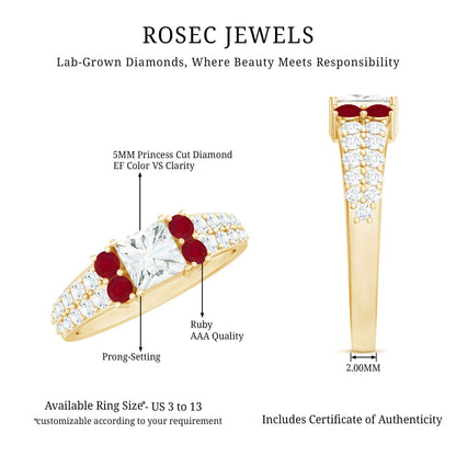 Lab Grown Diamond 5 MM Princess Cut Engagement Ring With Ruby