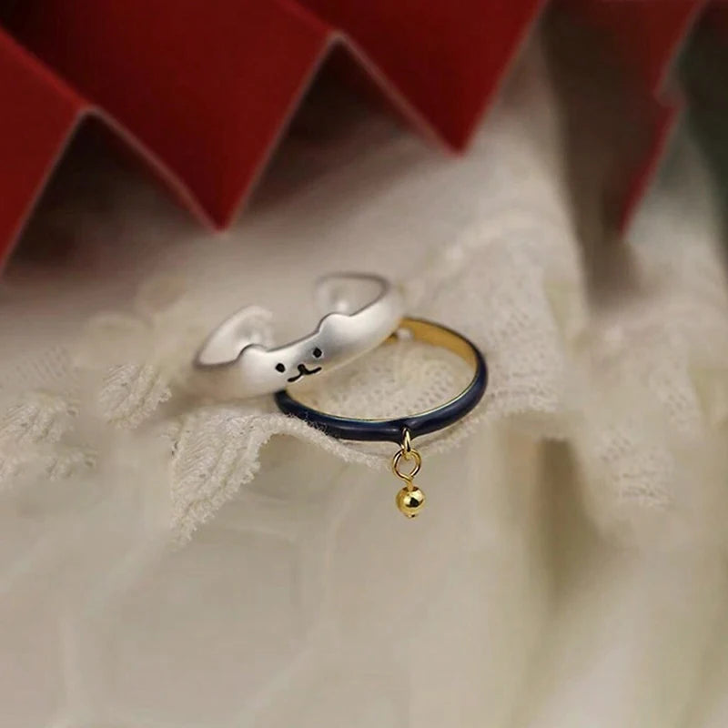 New Japanese Open Adjustable Ring Cute Cat Bell Cat Claw Oil Dropping Enamel Ring Decorative Gift