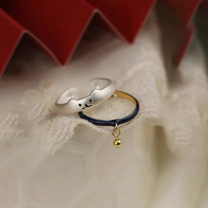 New Japanese Open Adjustable Ring Cute Cat Bell Cat Claw Oil Dropping Enamel Ring Decorative Gift