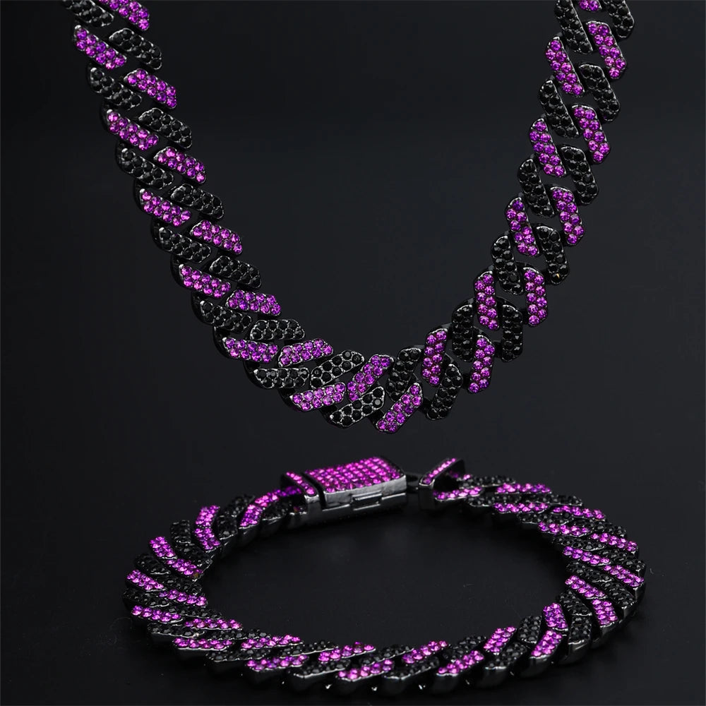 12MM Rhombus Prong Cuban Link Chain 2Row Purple Iced Out Rhinestones Rapper Necklaces Bracelet For Men Women Choker Jewelry