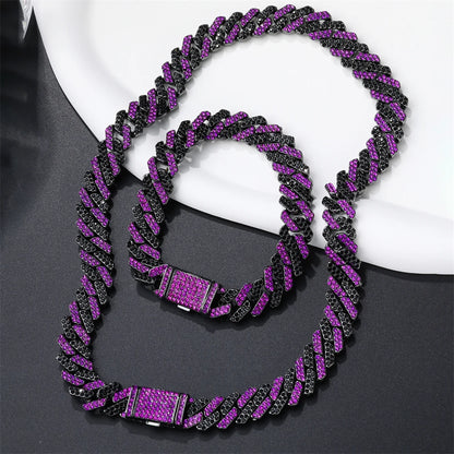 12MM Rhombus Prong Cuban Link Chain 2Row Purple Iced Out Rhinestones Rapper Necklaces Bracelet For Men Women Choker Jewelry