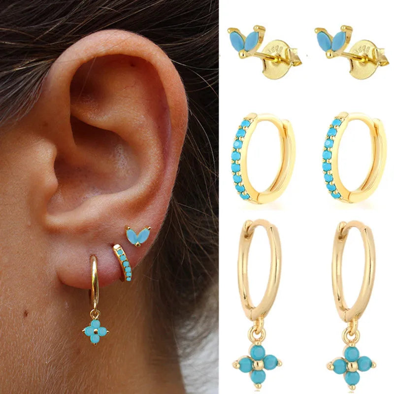 3PCS Exquisite Green Zircon Hanging Earrings Set for Women Stainless Steel Flower Dangle Earring Cartilage Piercing Jewelry