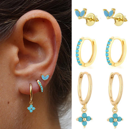 3PCS Exquisite Green Zircon Hanging Earrings Set for Women Stainless Steel Flower Dangle Earring Cartilage Piercing Jewelry