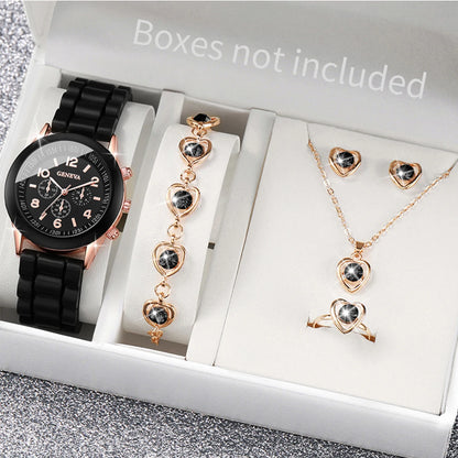 4pcs/set Geneva Fashion Silicone Band Women Quartz Watch & Heart Jewelry Set