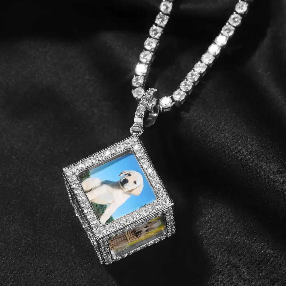 THE BLING KING Men's 3D Cube Custom Memory Photo Pendant Necklace Iced