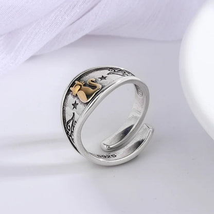Sterling Silver Simple Punk Cat Rings For Women - Geometric Fashion Open Adjustable Handmade Party Jewelry Gift Allergy