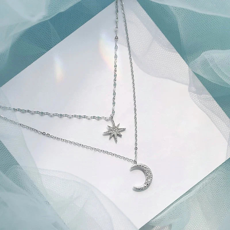 925 Silver Double Star & Moon Layered Necklace – Elegant Fine Jewelry for Women™