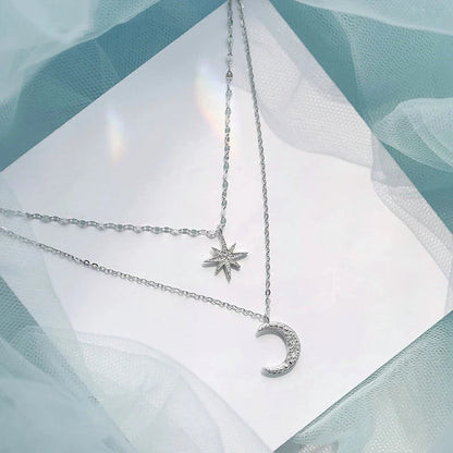 925 Silver Double Star & Moon Layered Necklace – Elegant Fine Jewelry for Women™