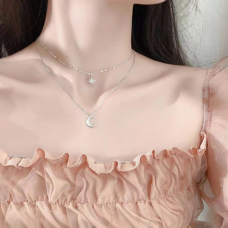925 Silver Double Star & Moon Layered Necklace – Elegant Fine Jewelry for Women™