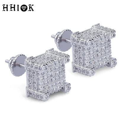 925 Sterling Silver Square Screw Stud Earrings Pave CZ Iced Out Screw