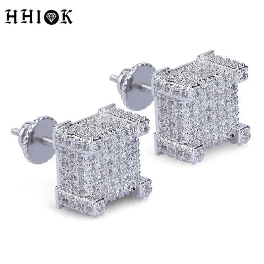 925 Sterling Silver Square Screw Stud Earrings Pave CZ Iced Out Screw