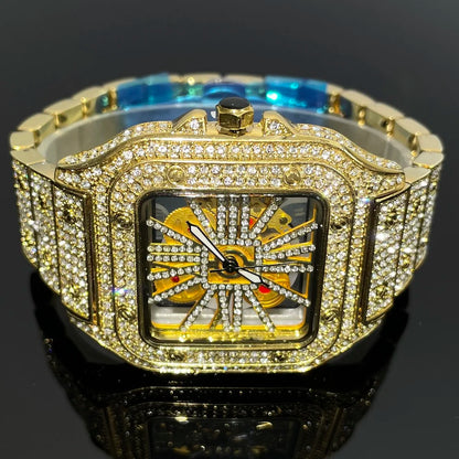 Top Luxury Gold Watch For Men Hip Hop Iced Diamond Square Quartz Wristwatches Fashion Hollow Waterproof Clocks Male Reloj 2025