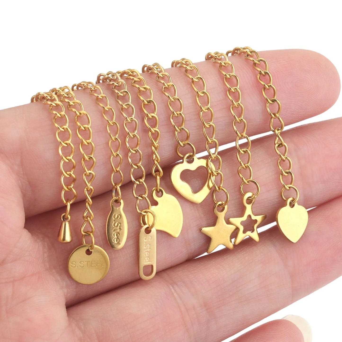 10 Pcs Stainless Steel End Chain with Lobster Clasp Skeletonized Heart