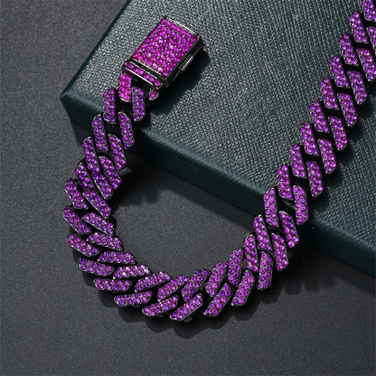 12MM Rhombus Prong Cuban Link Chain 2Row Purple Iced Out Rhinestones Rapper Necklaces Bracelet For Men Women Choker Jewelry