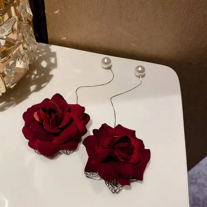 New Fashion Jewelry Red Rose Drop Earrings Women Vintage Rhinestone Flowers Dangle Earring Weddings Engagement Party Jewelry