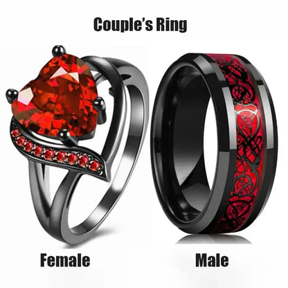 Black Color Stone Rings - Fashion Couple Rings Women Heart Red Rhinestones Zircon Ring Men Stainless Steel Dragon Ring Sizes 5 to 13 Wedding Jewelry