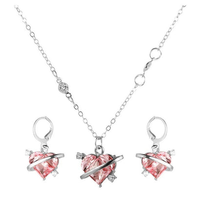 Pink Heart Pendant Necklace Earrings Women's Fashion Shiny Zircon Stud