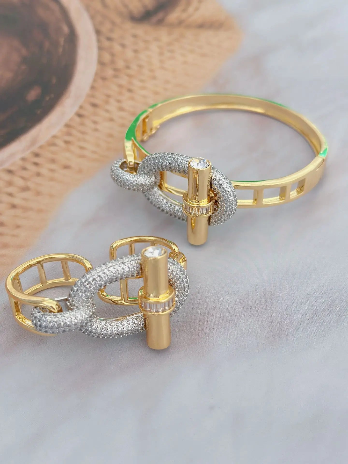 18K Gold and Platinum Plated Stainless Steel Bangle and Ring