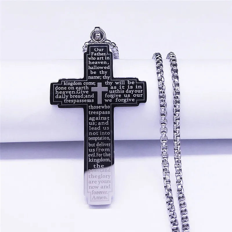 Faithful Charm: Lord's Prayer Scribble Cross Necklace